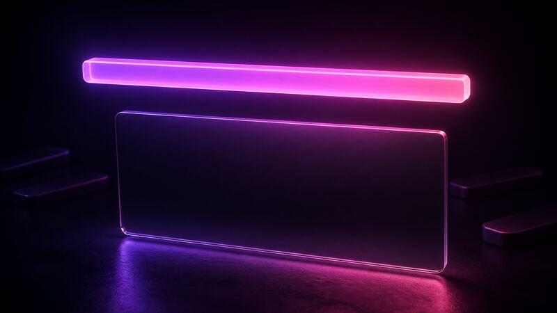 A single glowing headline bar of light suspended above a dark room card, representing a room subject line