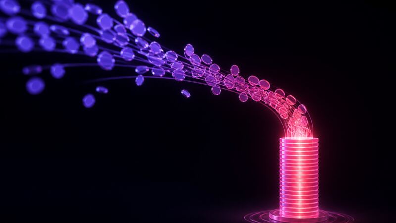 Glowing token discs flowing along a light path into a rising bar, representing tokens converting to dollars