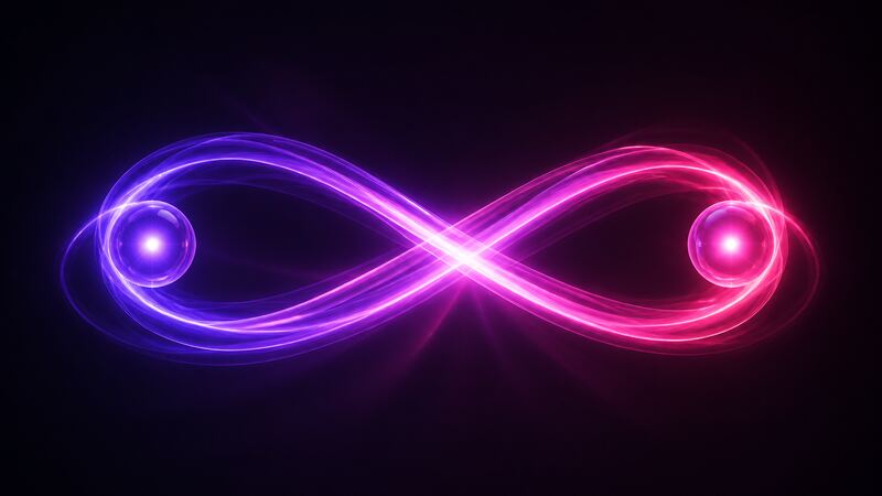 Two glowing orbs orbiting a shared centre with interwoven light trails, representing two broadcasters in one room
